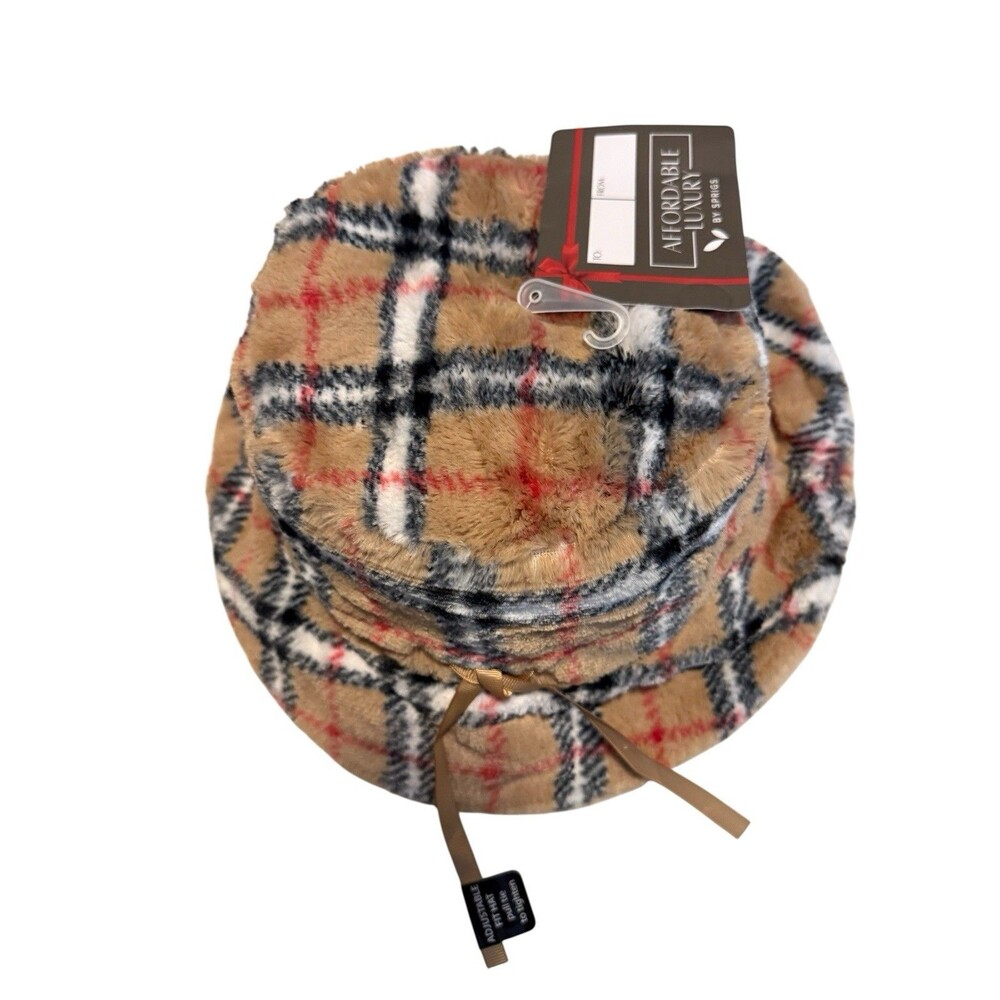 Sprigs Reversible Faux Fur Bucket Hat A615725 New Plaid Camel - Picture 2 of 5